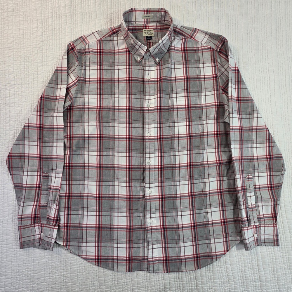 J.Crew Secret Wash Mens XL Classic Fit Grey Red Plaid Stretch Cotton Shirt H2822